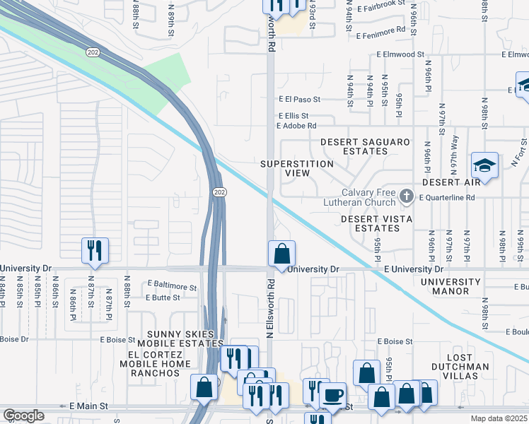 map of restaurants, bars, coffee shops, grocery stores, and more near 652 North Ellsworth Road in Mesa