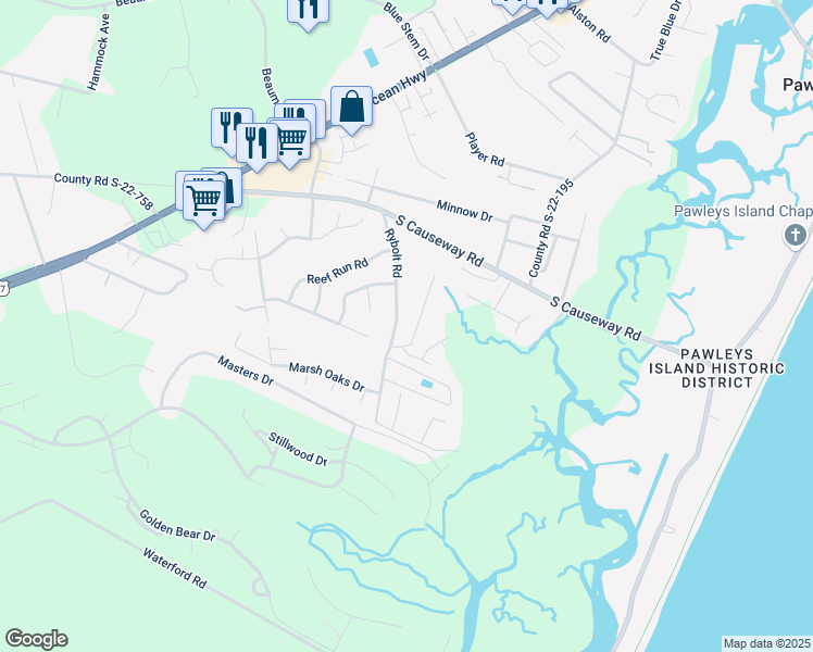 map of restaurants, bars, coffee shops, grocery stores, and more near 275 Rybolt Road in Pawleys Island