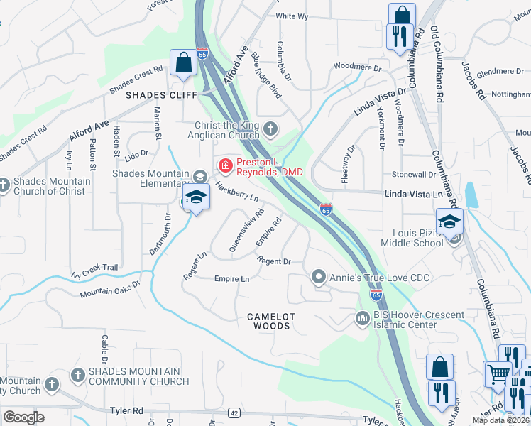 map of restaurants, bars, coffee shops, grocery stores, and more near 702 Blue Ridge Villa Drive in Birmingham