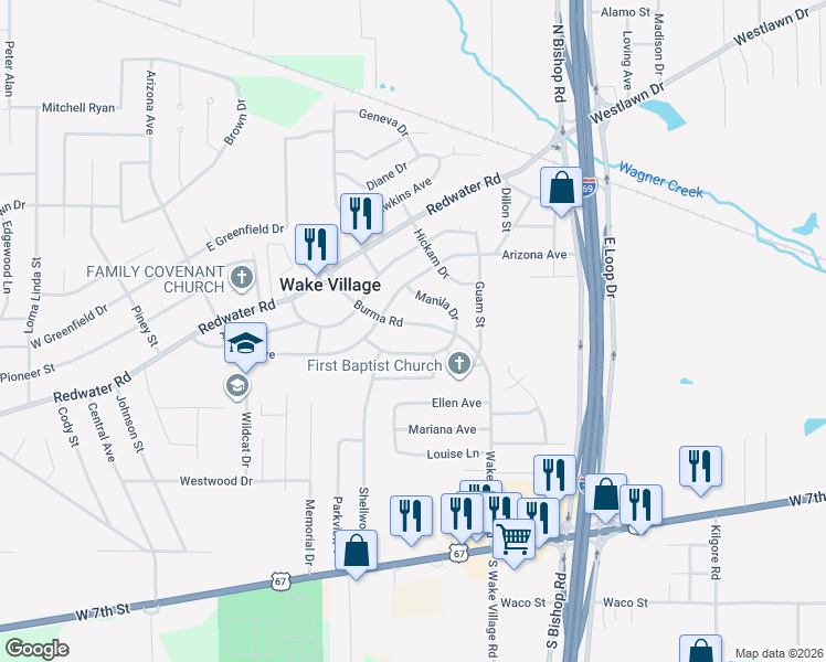 map of restaurants, bars, coffee shops, grocery stores, and more near 820 Manila Drive in Wake Village