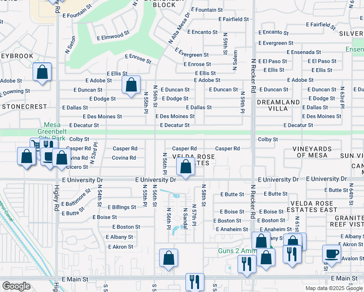 map of restaurants, bars, coffee shops, grocery stores, and more near 5702 Colby Street in Mesa