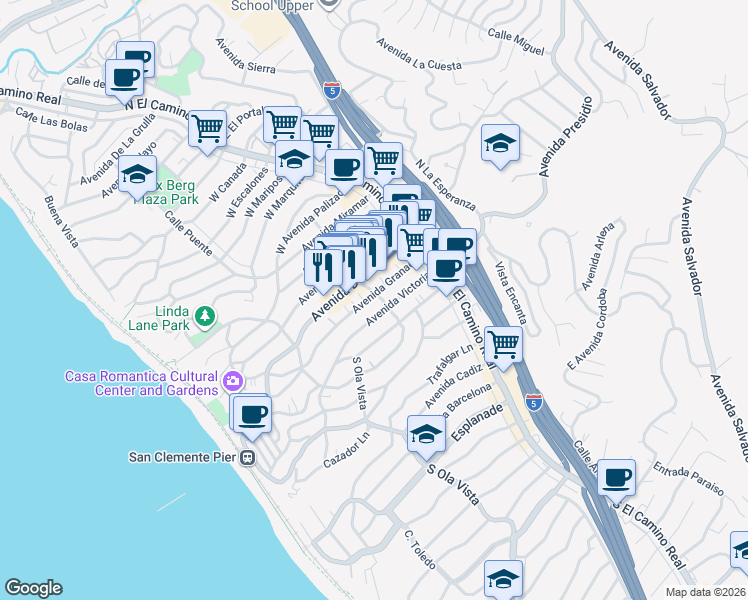 map of restaurants, bars, coffee shops, grocery stores, and more near 203 Avenida Granada in San Clemente