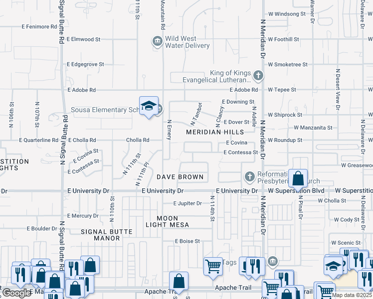 map of restaurants, bars, coffee shops, grocery stores, and more near 11256 East Contessa Street in Mesa
