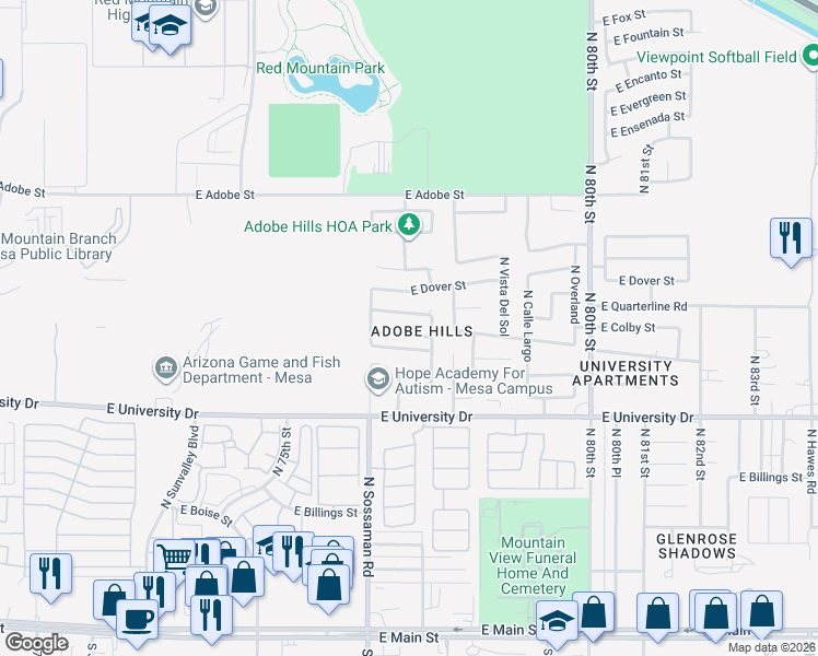 map of restaurants, bars, coffee shops, grocery stores, and more near 7640 East Decatur Street in Mesa