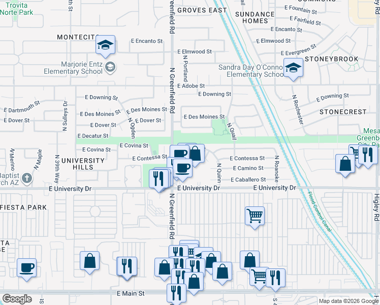 map of restaurants, bars, coffee shops, grocery stores, and more near 4438 East Covina Street in Mesa