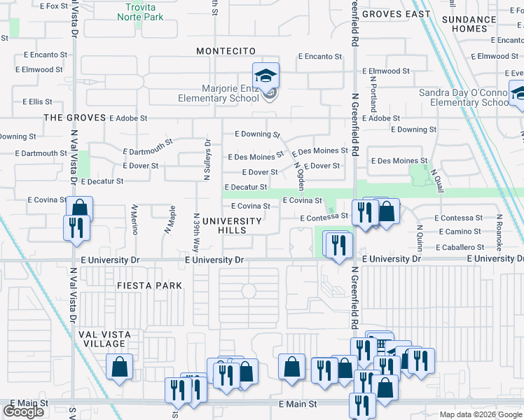 map of restaurants, bars, coffee shops, grocery stores, and more near 4108 East Covina Street in Mesa