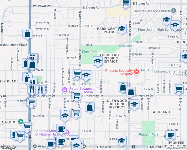 map of restaurants, bars, coffee shops, grocery stores, and more near 557 North Lewis in Mesa