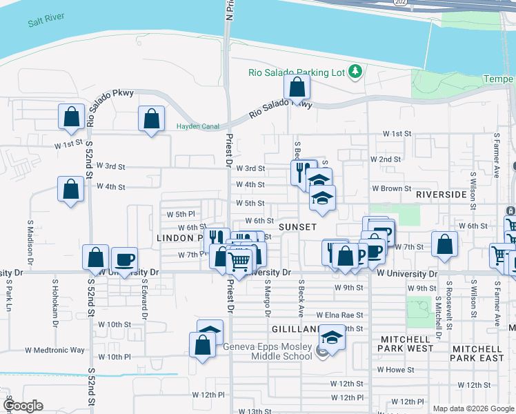 map of restaurants, bars, coffee shops, grocery stores, and more near 1238 West 5th Street in Tempe