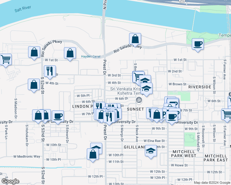map of restaurants, bars, coffee shops, grocery stores, and more near 1320 West 5th Street in Tempe