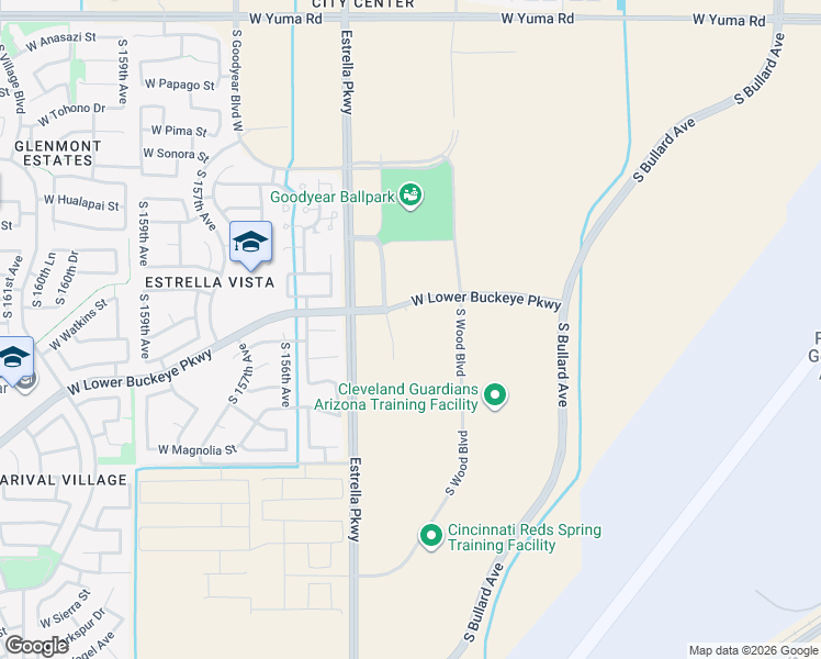 map of restaurants, bars, coffee shops, grocery stores, and more near 15275-15431 West Lower Buckeye Parkway in Goodyear