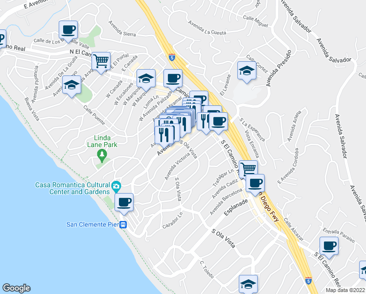 map of restaurants, bars, coffee shops, grocery stores, and more near 166 Avenida Del Mar in San Clemente