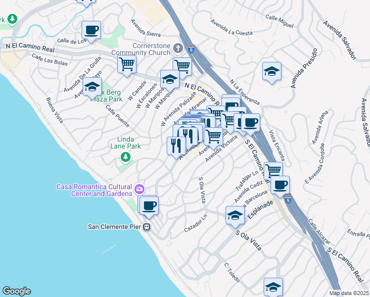 map of restaurants, bars, coffee shops, grocery stores, and more near 214 Avenida Cabrillo in San Clemente