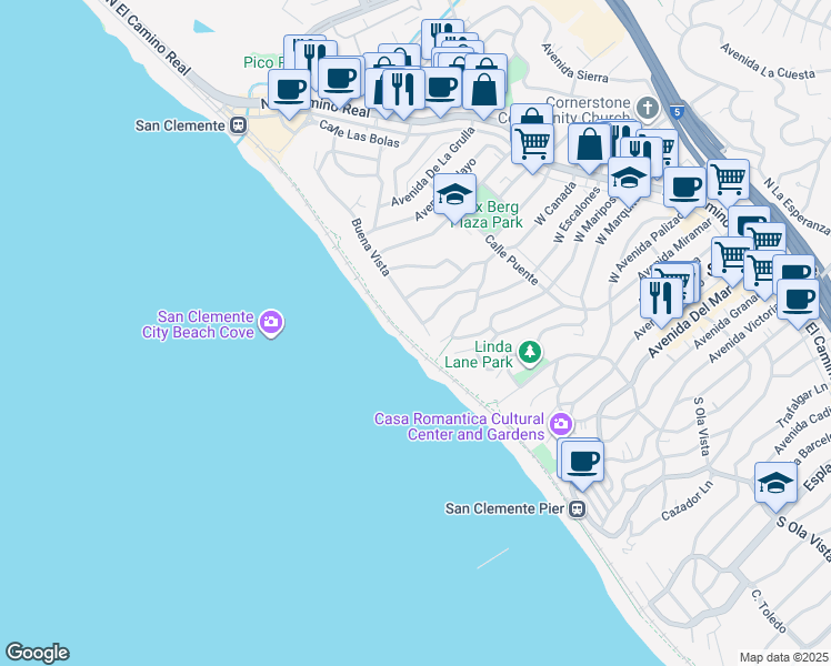 map of restaurants, bars, coffee shops, grocery stores, and more near 250 West Canada in San Clemente