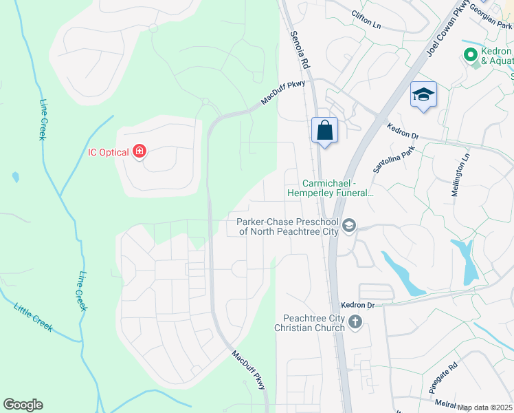 map of restaurants, bars, coffee shops, grocery stores, and more near 730 Lanarck Way in Peachtree City