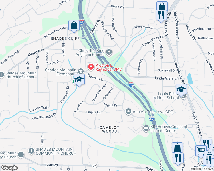 map of restaurants, bars, coffee shops, grocery stores, and more near 702 Blue Ridge Villa Drive in Birmingham