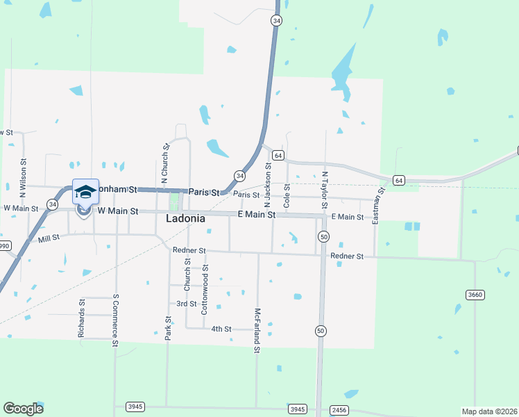 map of restaurants, bars, coffee shops, grocery stores, and more near 304 Paris Street in Ladonia