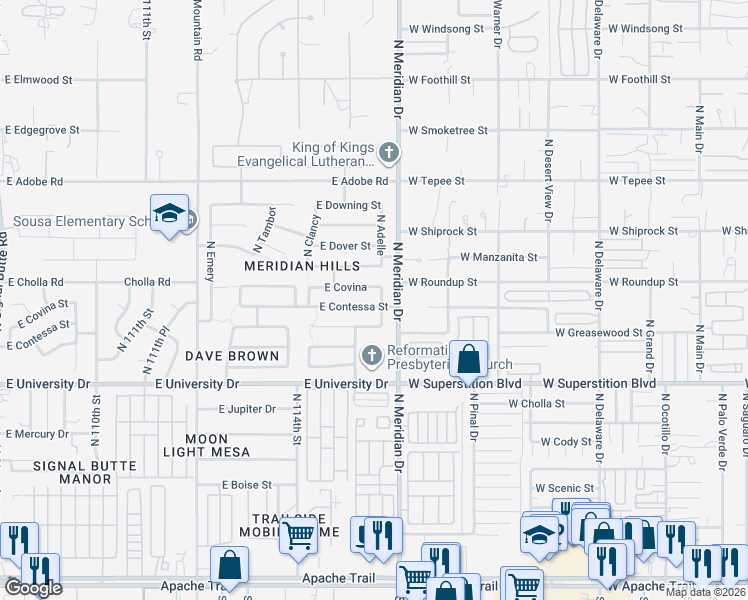 map of restaurants, bars, coffee shops, grocery stores, and more near 11542 East Covina in Mesa