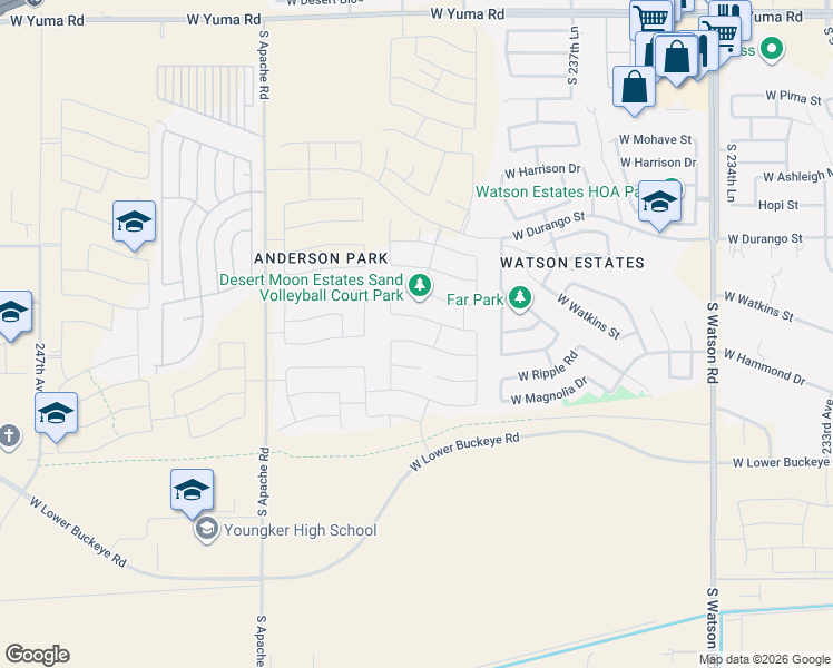 map of restaurants, bars, coffee shops, grocery stores, and more near 2260 South 238th Lane in Buckeye