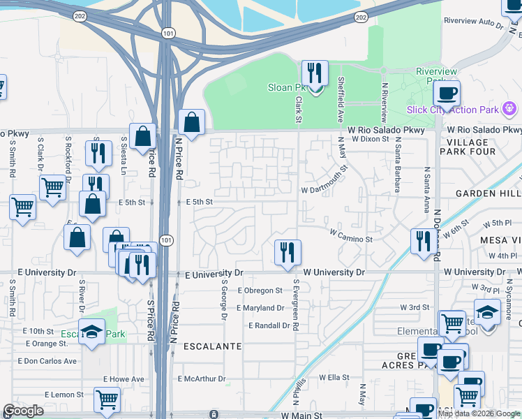 map of restaurants, bars, coffee shops, grocery stores, and more near 2402 East 5th Street in Tempe