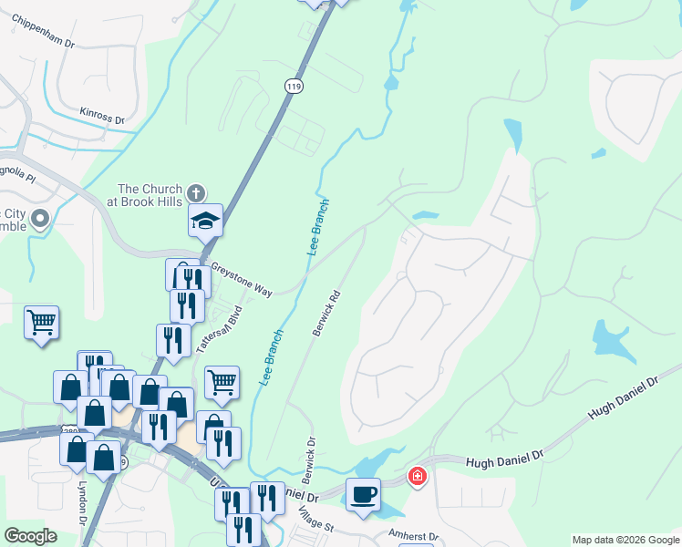 map of restaurants, bars, coffee shops, grocery stores, and more near 1125 Berwick Road in Birmingham
