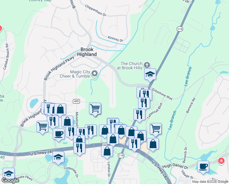 map of restaurants, bars, coffee shops, grocery stores, and more near 129 Brook Highland Cove in Birmingham