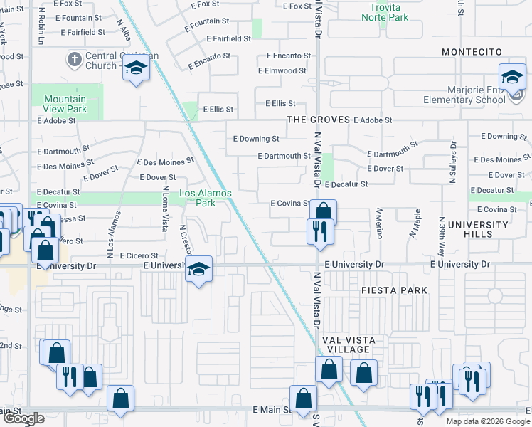 map of restaurants, bars, coffee shops, grocery stores, and more near 3461 East Covina Street in Mesa