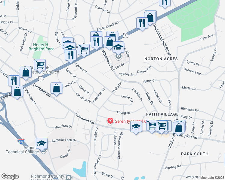map of restaurants, bars, coffee shops, grocery stores, and more near 2845 Wells Drive in Augusta