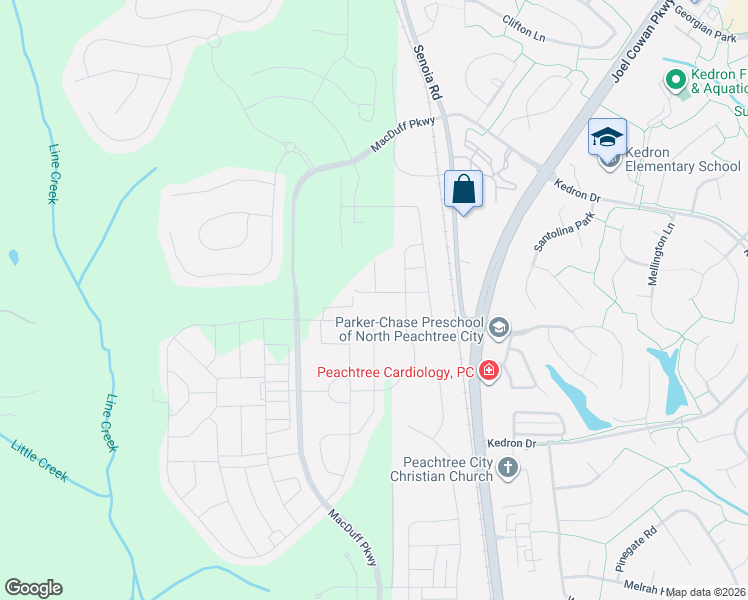 map of restaurants, bars, coffee shops, grocery stores, and more near 100-152 Senoia Road in Peachtree City