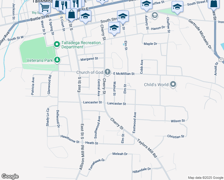 map of restaurants, bars, coffee shops, grocery stores, and more near 714 Walnut Street in Talladega