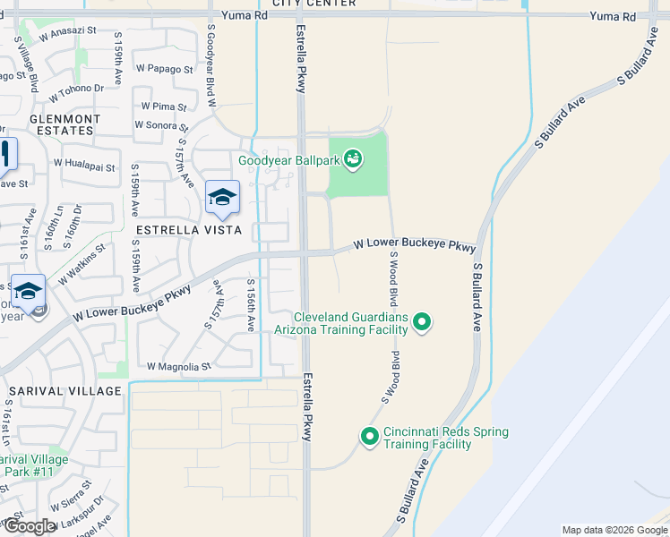 map of restaurants, bars, coffee shops, grocery stores, and more near 15275-15431 West Lower Buckeye Parkway in Goodyear