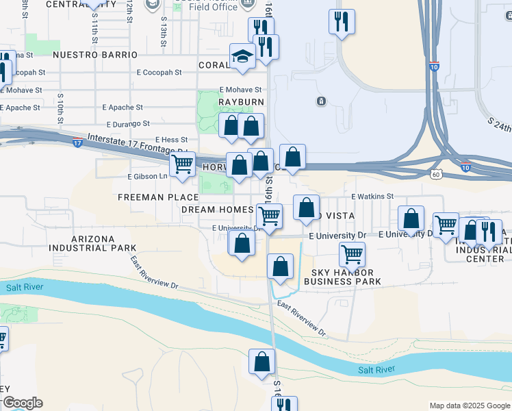 map of restaurants, bars, coffee shops, grocery stores, and more near 2303 South 15th Place in Phoenix