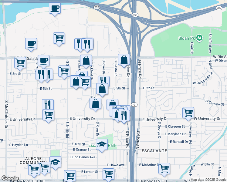 map of restaurants, bars, coffee shops, grocery stores, and more near 2140 East 5th Street in Tempe