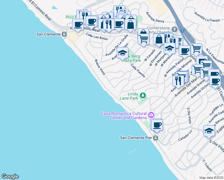 map of restaurants, bars, coffee shops, grocery stores, and more near 813 Buena Vista in San Clemente