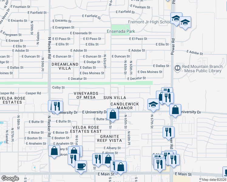 map of restaurants, bars, coffee shops, grocery stores, and more near 6402 Colby Street in Mesa