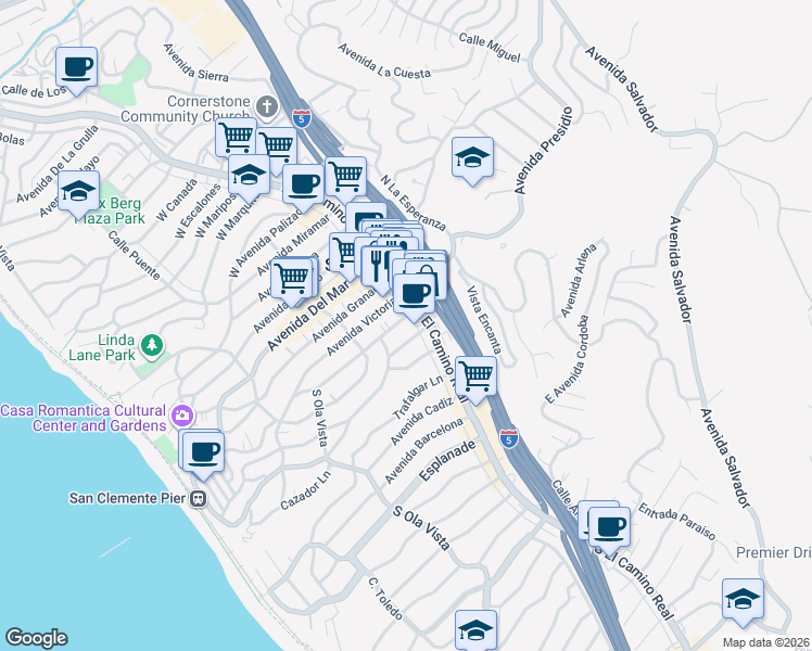 map of restaurants, bars, coffee shops, grocery stores, and more near 117 Avenida Victoria in San Clemente