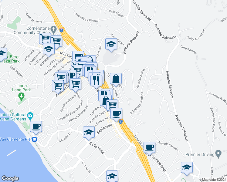 map of restaurants, bars, coffee shops, grocery stores, and more near 28 Vista Encanta in San Clemente