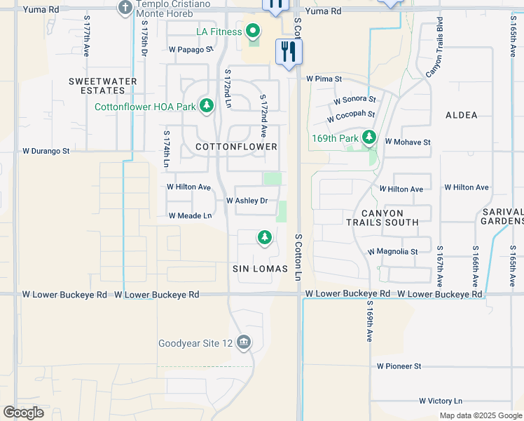 map of restaurants, bars, coffee shops, grocery stores, and more near 17230 West Ashley Drive in Goodyear