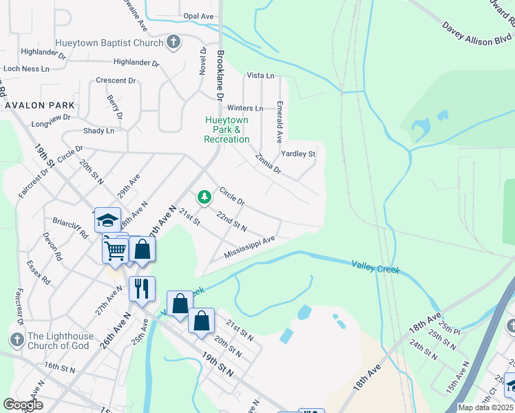 map of restaurants, bars, coffee shops, grocery stores, and more near 2419 Circle Drive in Hueytown