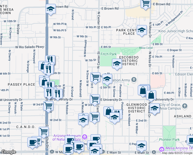 map of restaurants, bars, coffee shops, grocery stores, and more near 603 North Center Street in Mesa