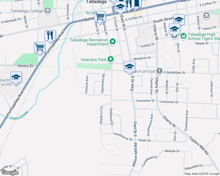 map of restaurants, bars, coffee shops, grocery stores, and more near 714 Glenwood Road in Talladega