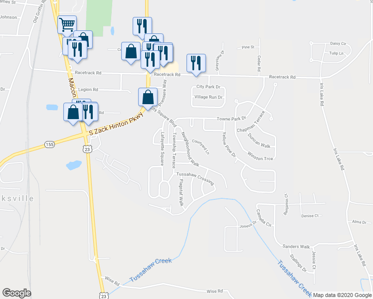 map of restaurants, bars, coffee shops, grocery stores, and more near 1850 Midcourt Way in McDonough
