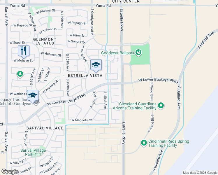 map of restaurants, bars, coffee shops, grocery stores, and more near 15597 West Shiloh Avenue in Goodyear