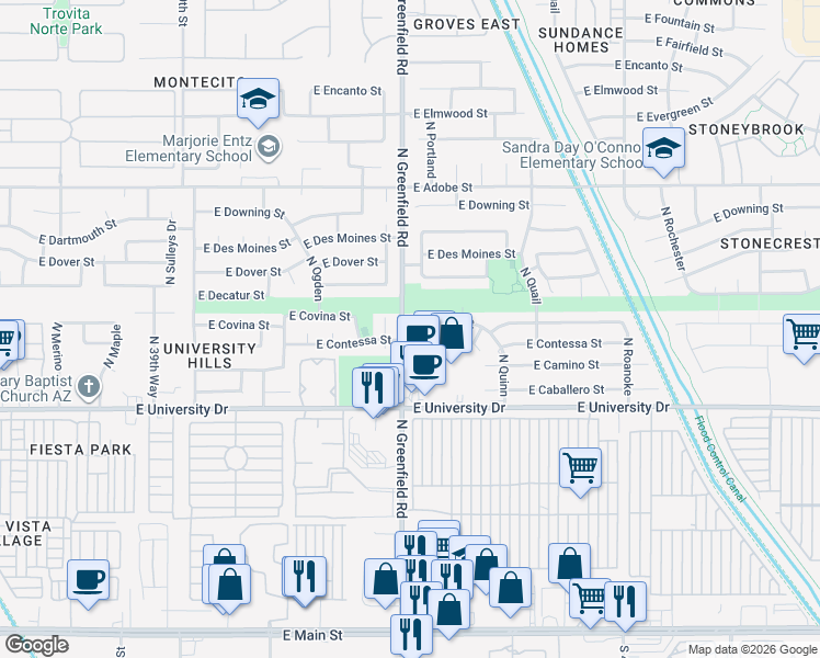 map of restaurants, bars, coffee shops, grocery stores, and more near 551 North Orlando Circle in Mesa