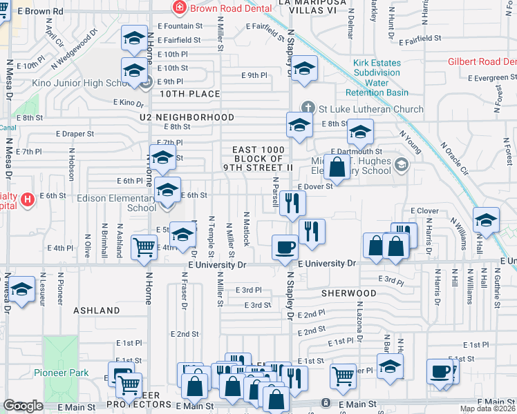 map of restaurants, bars, coffee shops, grocery stores, and more near 561 North Spencer in Mesa