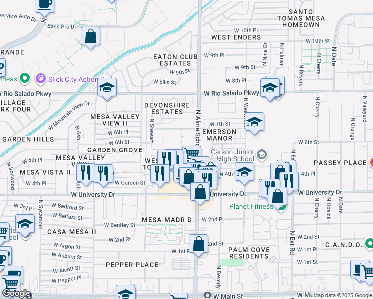 map of restaurants, bars, coffee shops, grocery stores, and more near 600 North Elm in Mesa