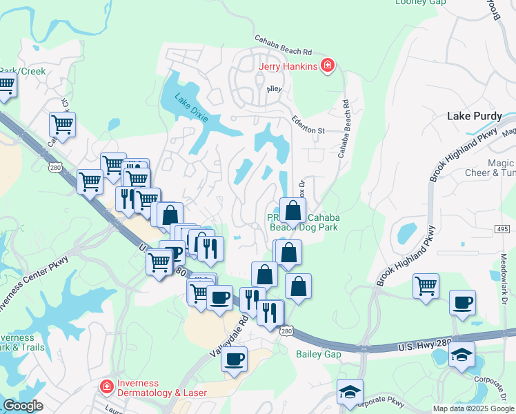 map of restaurants, bars, coffee shops, grocery stores, and more near 1000 Hunt Cliff Road in Birmingham