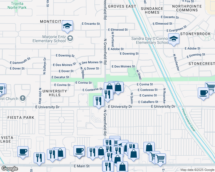 map of restaurants, bars, coffee shops, grocery stores, and more near 551 North Orlando Circle in Mesa