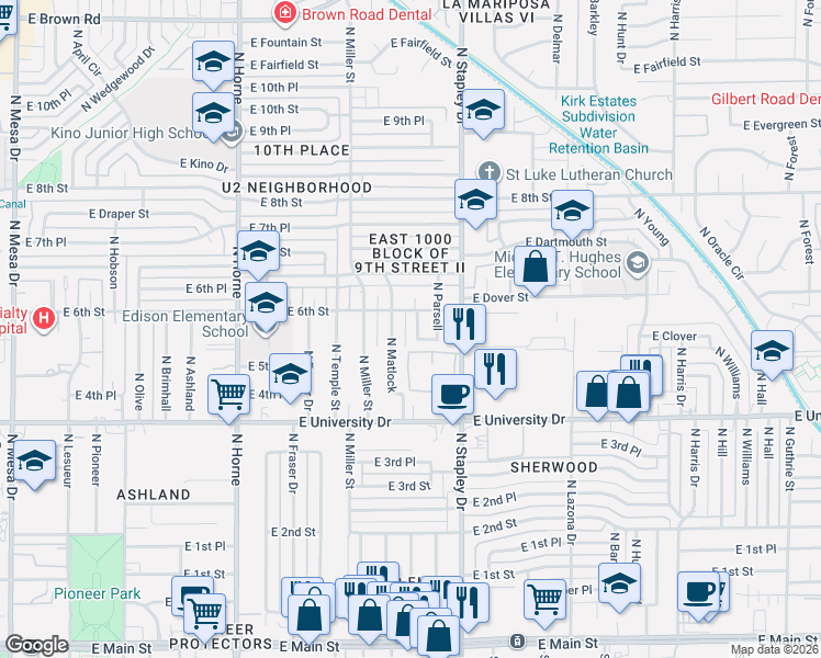 map of restaurants, bars, coffee shops, grocery stores, and more near 561 North Spencer in Mesa