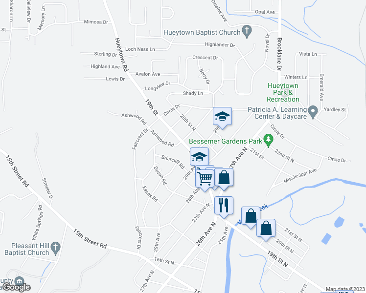 map of restaurants, bars, coffee shops, grocery stores, and more near 2926 19th Street North in Hueytown