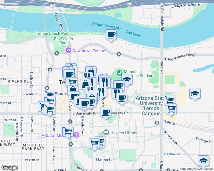 map of restaurants, bars, coffee shops, grocery stores, and more near 323 East Veterans Way in Tempe